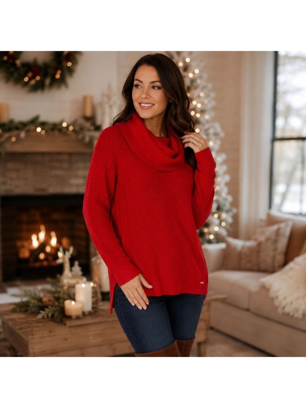 Michael Kors Sweater Womens M Red Cowl Neck Cotton Blend Waffle Knit Holidays